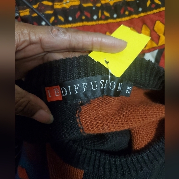 90s IBS Diffusion Vintage Tribal Embroidery Crew Neck Sweater Brown Black Sz 2X - Picture 4 of 5